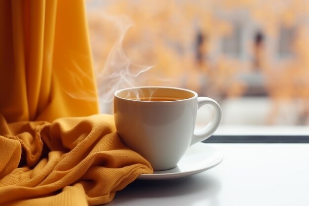 Yellow mug scarf window Wooden drink mug Generate Ai