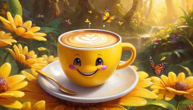 Yellow mug with coffee illustration