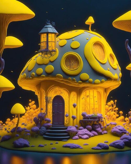 A yellow mushroom house with a purple door and a lamp on the roof.