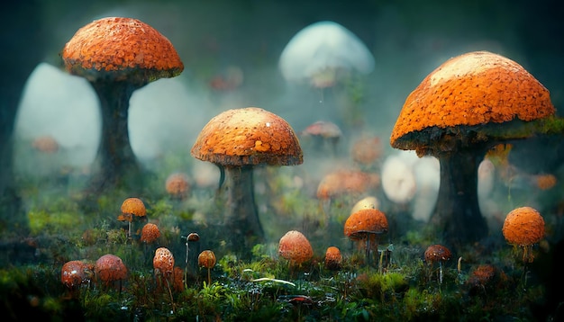 Funghi gialli nel primo piano della foresta illustrazione iperrealistica di fantasia alla generazione