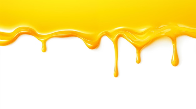 Yellow mustard drips from the top of frame on white background