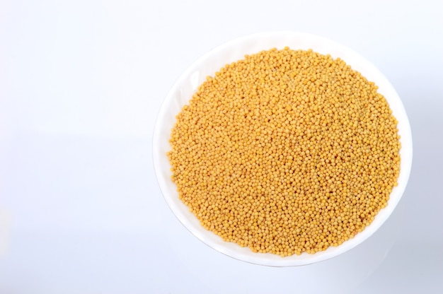 Yellow mustard seeds in plate isolated