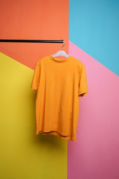 yellow mustard t-shirt mockup hanging over colorful background
