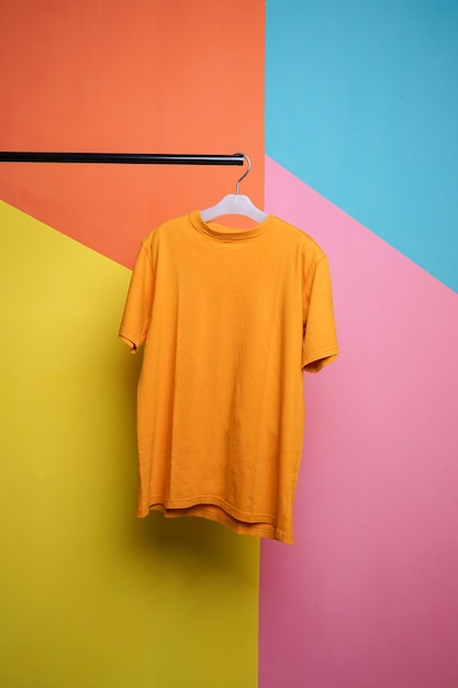 Photo yellow mustard t-shirt mockup hanging over colorful background