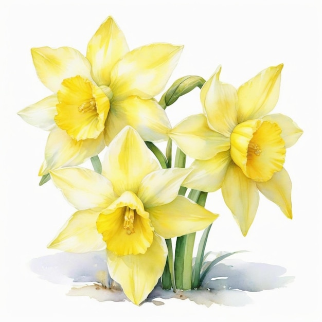 Yellow narcissus flowers isolated on white background Watercolor illustration