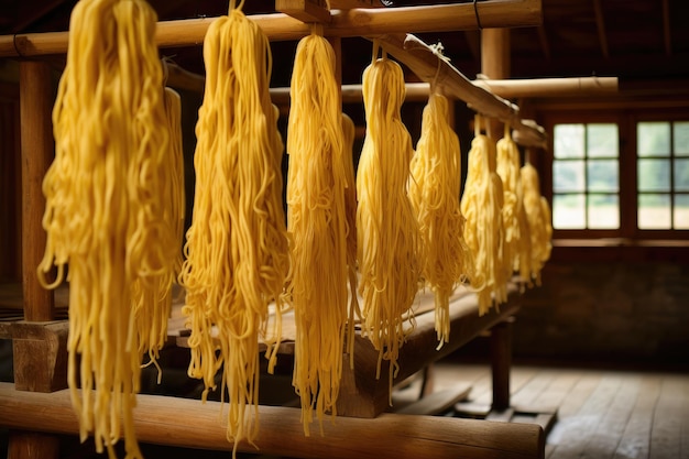 写真 アジアの伝統的な手作りのパスタ生産 新鮮なパスタを乾燥するために吊るす ai生成