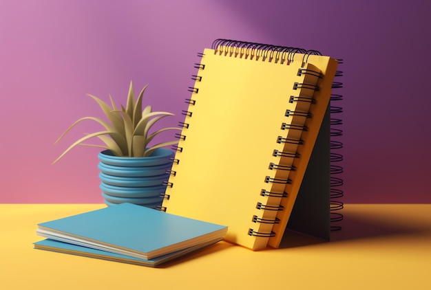 A yellow notebook sits next to a plant and a plant.