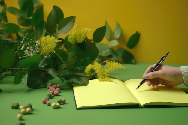 緑の葉と緑の背景に黄色のメモ帳のモックアップ
