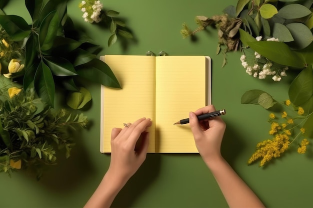 Yellow notepad mockup on the green background with green leaves