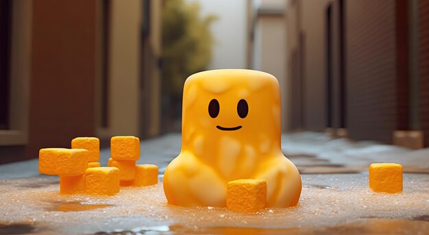 a yellow object with a face and cubes