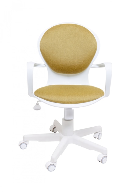 Yellow office fabric armchair on wheels isolated on white , front view