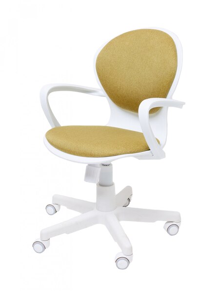 Yellow office fabric armchair on wheels isolated on white , side view