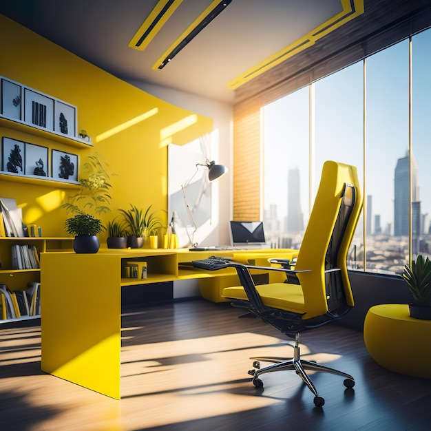 A yellow office with a view of the city skyline.