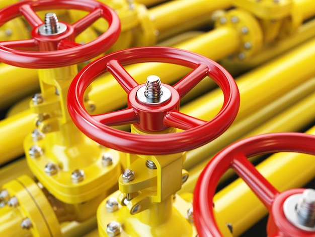 Желтые клапаны трубопроводов нефти или газа. 3d иллюстрация