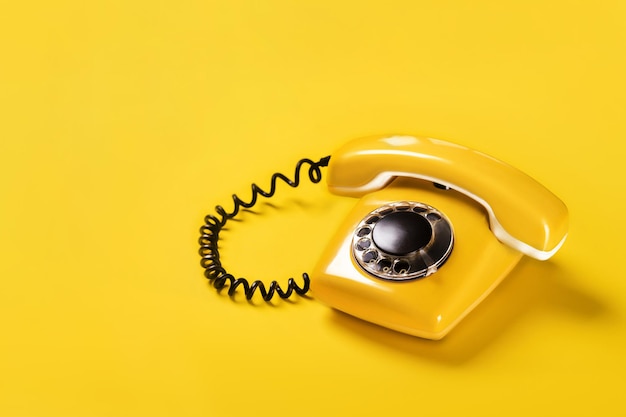 Yellow old stylish Phone telephone with dial on yellow background copy space for your text banner