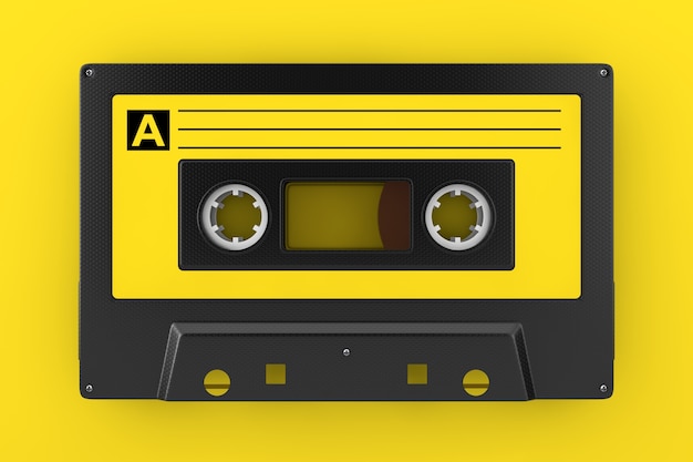 노란색 배경에 노란색 오래 된 빈티지 오디오 카세트 테이프. 3d 렌더링