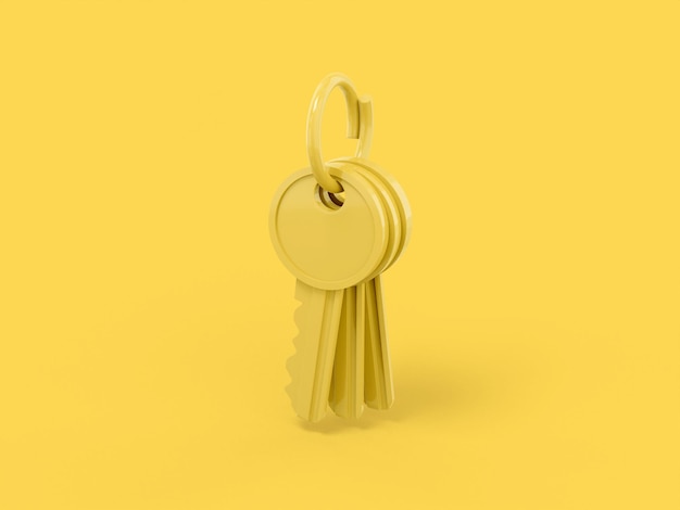 Yellow one color bunch of keys on a yellow flat background Minimalistic design object 3d rendering icon ui ux interface element