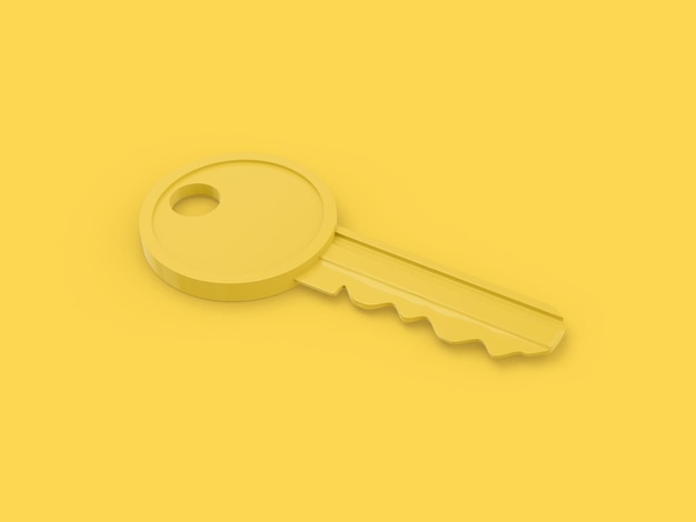 Yellow one color key on surface on yellow flat background Minimalistic design object 3d rendering icon ui ux interface element