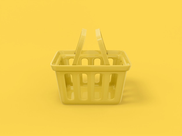 Yellow one color shopping hand cart on yellow flat background. Minimalistic design object. 3d rendering icon ui ux interface element.