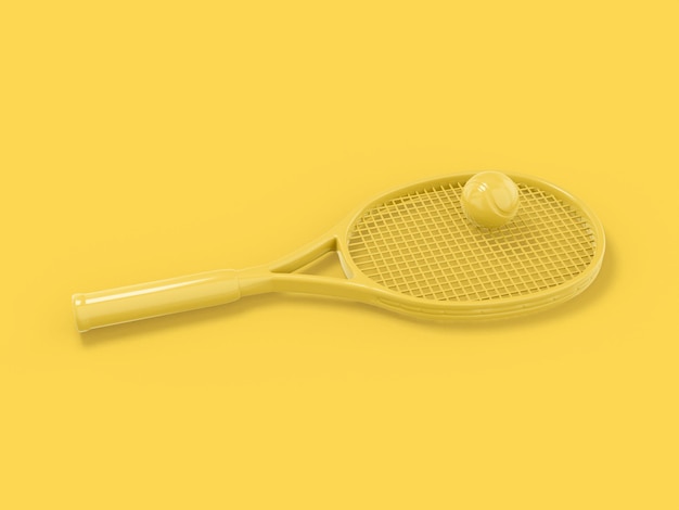 Racchetta da tennis di un colore giallo con una palla su uno sfondo piatto giallo oggetto di design minimalista 3d rendering icona elemento interfaccia ui ux