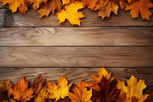 Yellow and orange autumn leaves on wooden background Generative AI