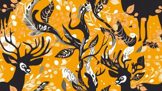 a yellow and orange background with black and white birds and orange flowers.