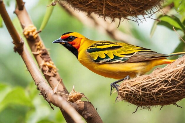 Photo a yellow and orange bird is sitting in a nest with straws