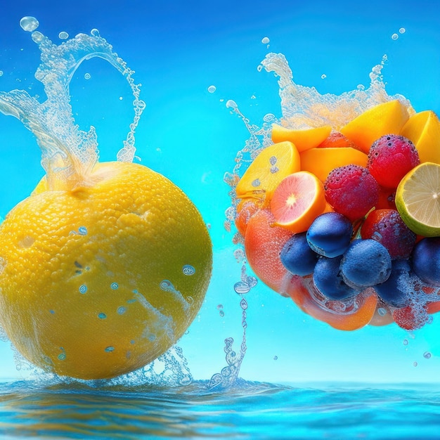 A yellow orange and blue fruit are splashing in water.
