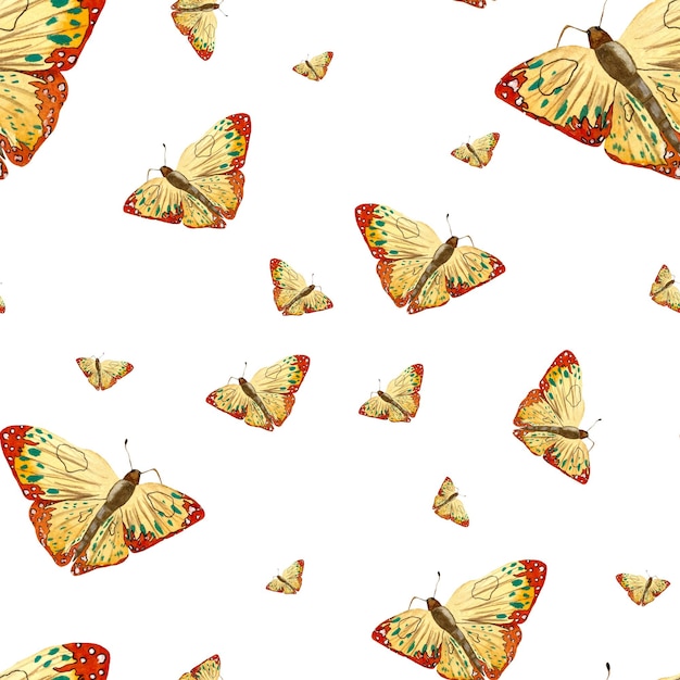 Yellow orange butterfly seamless pattern. A watercolor illustration. Isolated white background.