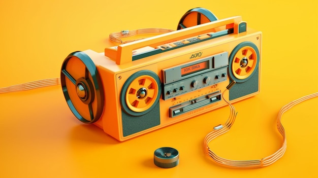 헤드폰이 있는 노란색과 주황색 카세트 플레이어