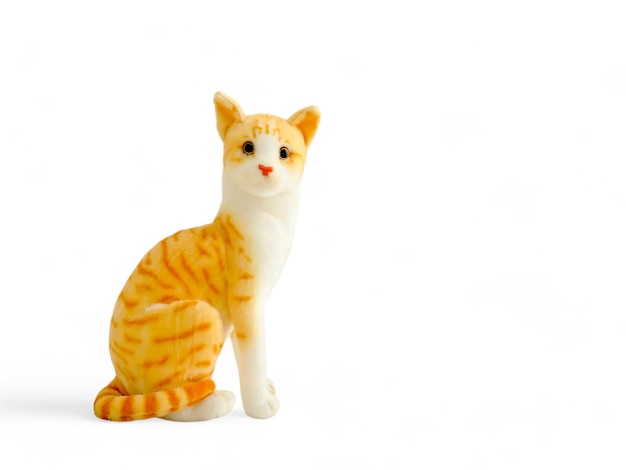 A yellow and orange cat with a yellow striped tail sits on a white background