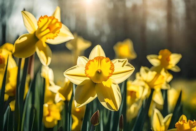 Yellow and orange daffodils in the sunlight