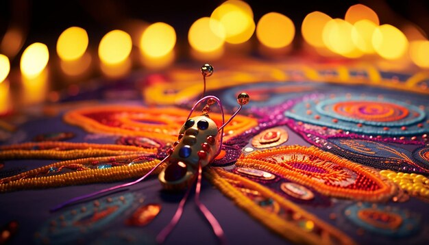 An yellow and orange embroidery with colorful firefly and led lights