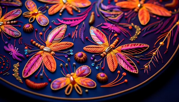 An yellow and orange embroidery with colorful firefly and led lights