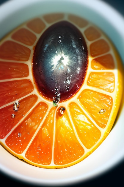 Foto fondo pubblicitario di promozione di affari dell'esposizione del succo d'arancia della fetta di frutta gialla arancione