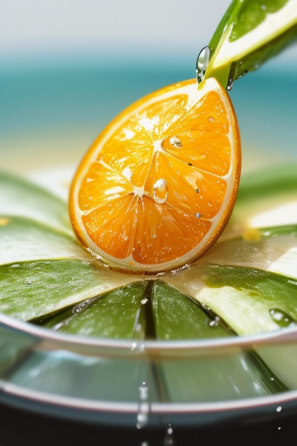 Foto fondo pubblicitario di promozione di affari dell'esposizione del succo d'arancia della fetta di frutta gialla arancione
