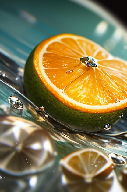 Foto fondo pubblicitario di promozione di affari dell'esposizione del succo d'arancia della fetta di frutta gialla arancione