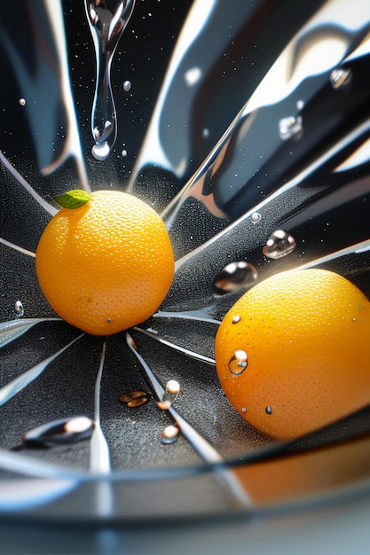 Foto fondo pubblicitario di promozione di affari dell'esposizione del succo d'arancia della fetta di frutta gialla arancione