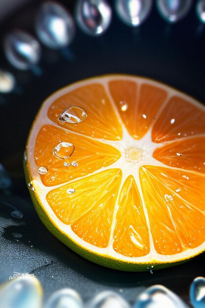 Foto fondo pubblicitario di promozione di affari dell'esposizione del succo d'arancia della fetta di frutta gialla arancione