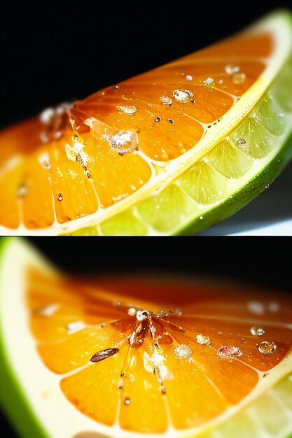 Foto fondo pubblicitario di promozione di affari dell'esposizione del succo d'arancia della fetta di frutta gialla arancione