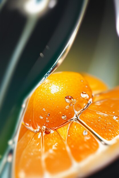 Foto fondo pubblicitario di promozione di affari dell'esposizione del succo d'arancia della fetta di frutta gialla arancione