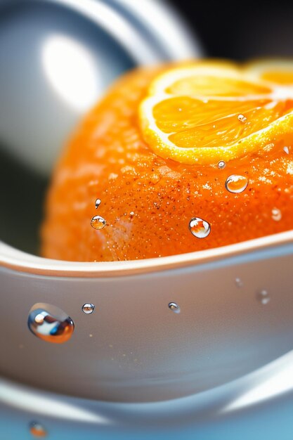 Foto fondo pubblicitario di promozione di affari dell'esposizione del succo d'arancia della fetta di frutta gialla arancione