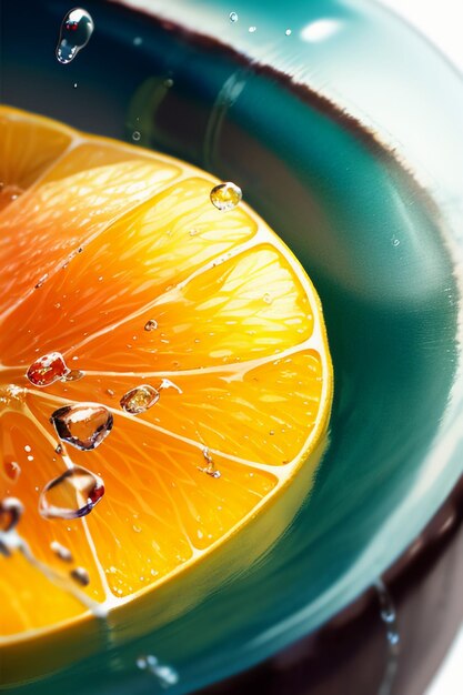 Foto fondo pubblicitario di promozione di affari dell'esposizione del succo d'arancia della fetta di frutta gialla arancione