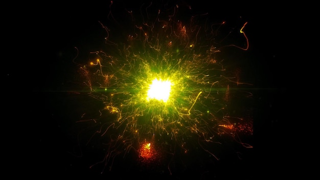 Желтые и оранжевые футуристические космические частицы в яркой круглой энергетической структуре космического шара
