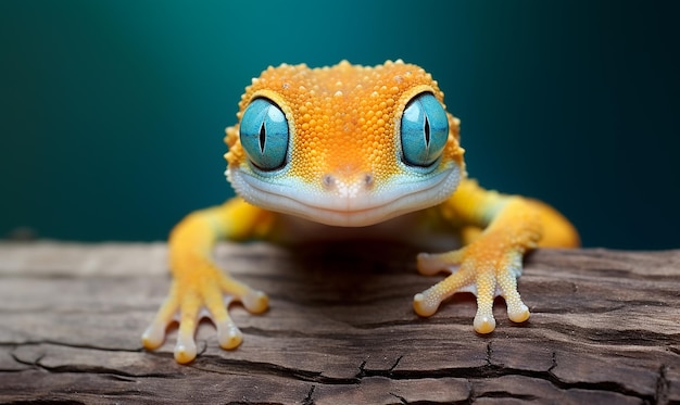 a yellow and orange gecko with blue eyes and a black eye