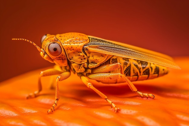 A yellow and orange grasshopper with a black and orange face.