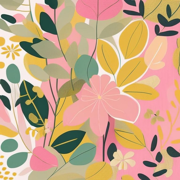 Желто-зеленые и розовые акварельные цветы с стеблями и листьями Акварельный фон