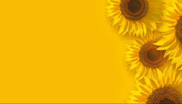 Yellow and orange horizontal wide background with sunflower heads on the right and copy space