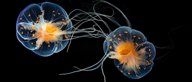 Photo yellow and orange jellyfish dansing in the dark blue ocean water