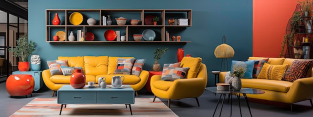 a yellow and orange living room with a yellow sofa and a coffee table.